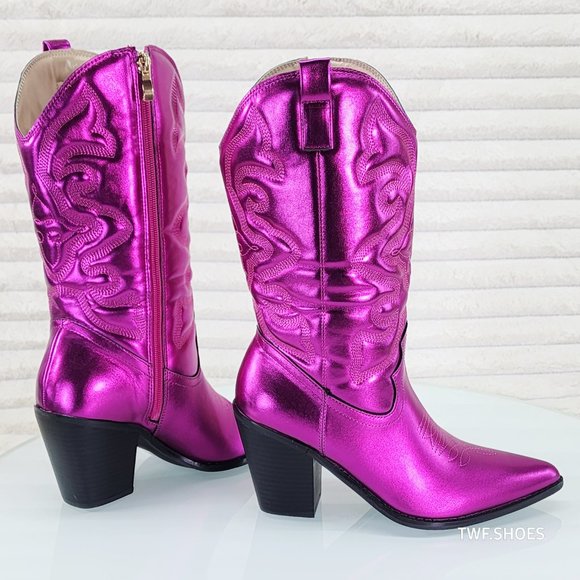 Electric Mid Calf Cowboy Hot Pink Brush Metallic Matte Western Cowgirl Boots - Picture 5 of 8